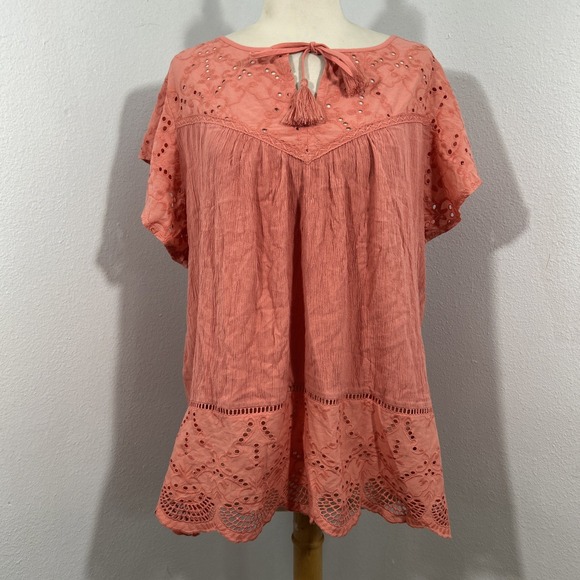 Banana Republic Tops - Style Co Blouse Womens 2X Coral Eyelet Boho Coastal Classic Resort